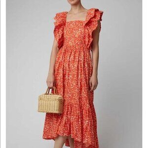 New Ulla Johnson Orange Ruffle Frieda Midi Dress $375
